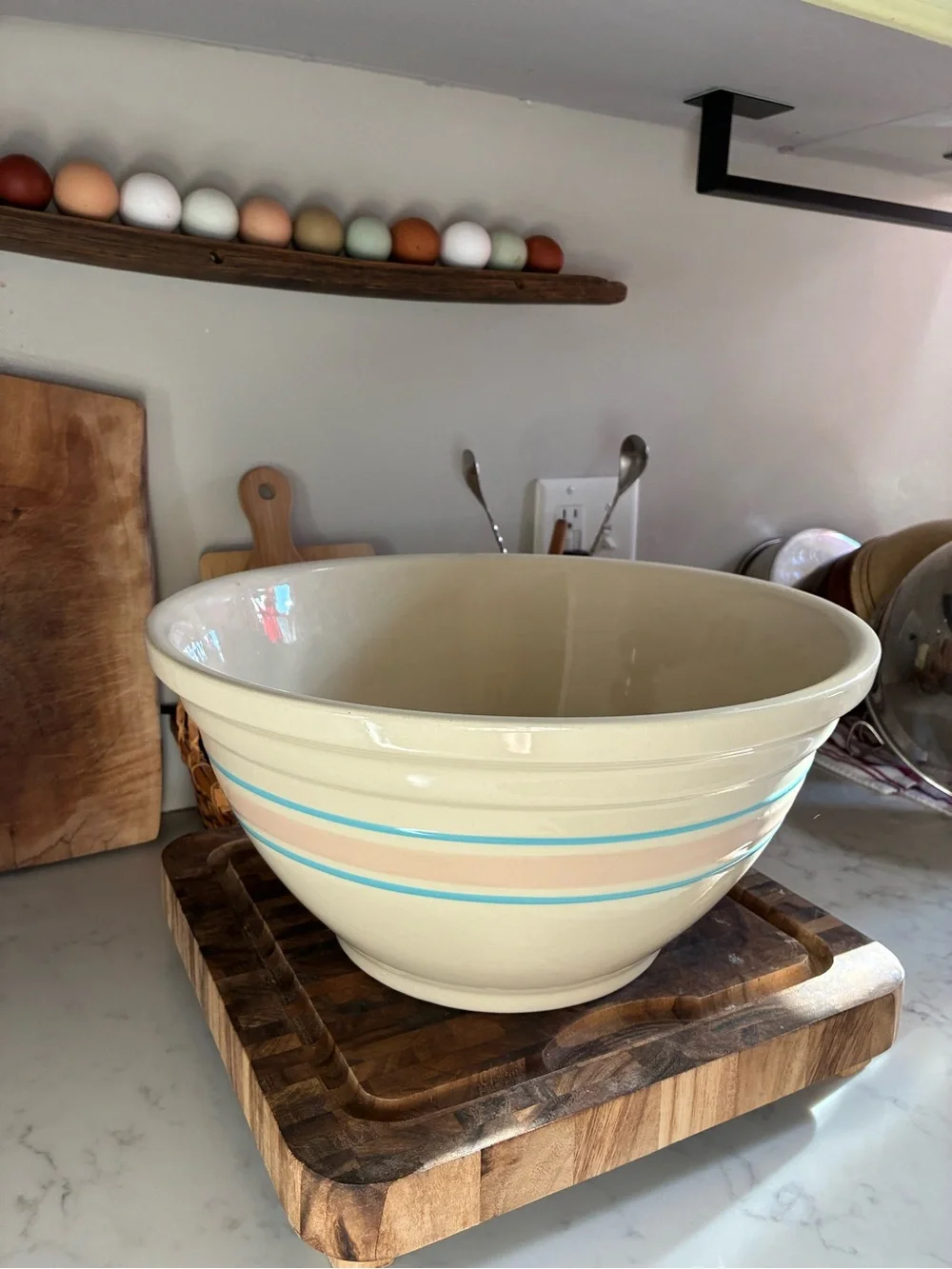 Vintage McCoy Pottery #14 Oversized Mixing Bowl pink & blue stripe